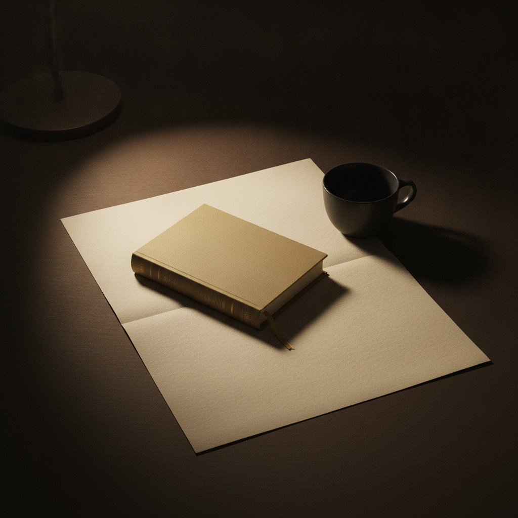 Moodboard: Stillleben bei Lampenlicht in warmem Schwarz, Papierbeige und gedämpftem Gold